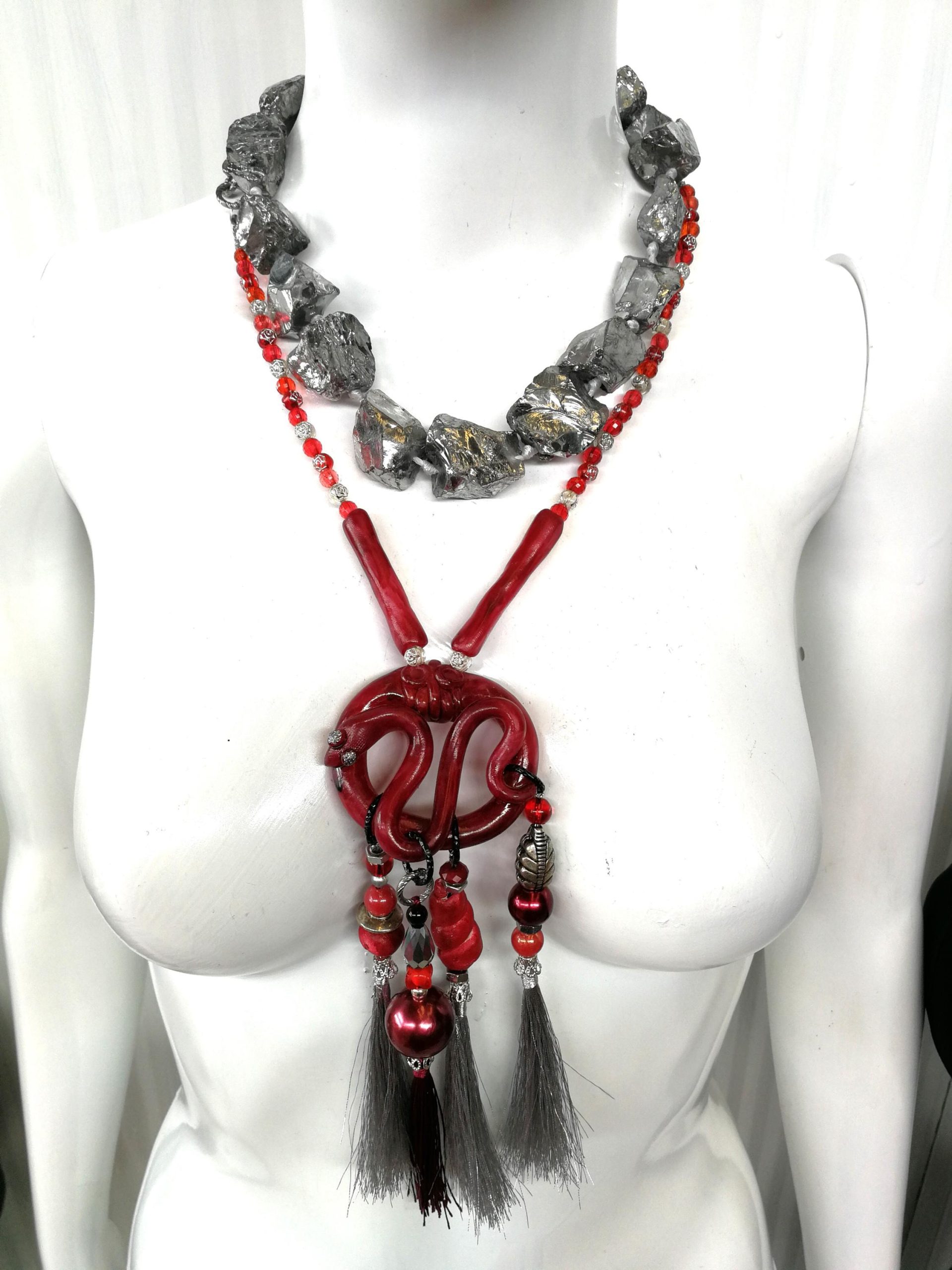 Brutalist Necklace, Chunky Snake Sculptural Pendant, Serpent Statement Jewelry Stone Beaded Chain Pyrite Gemstone