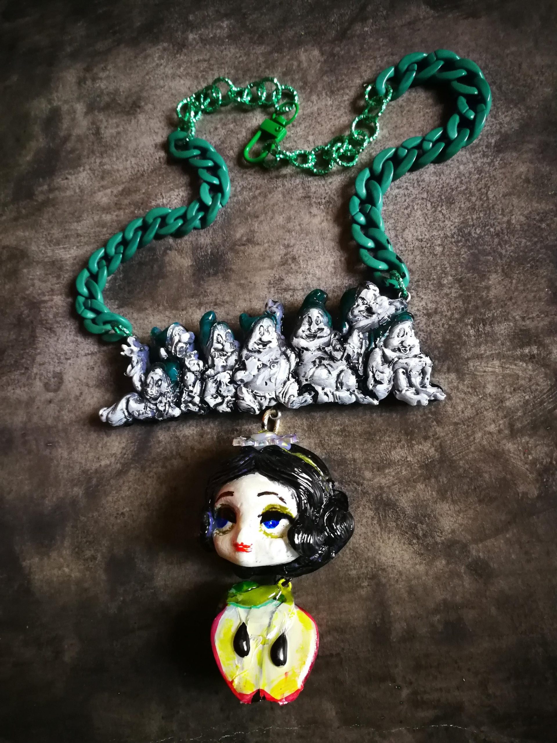 Whimsical Jewelry, Snow White & the Seven Dwarfs Necklace Manga Doll Fantasy Pendant Cartoonish Apple Charm