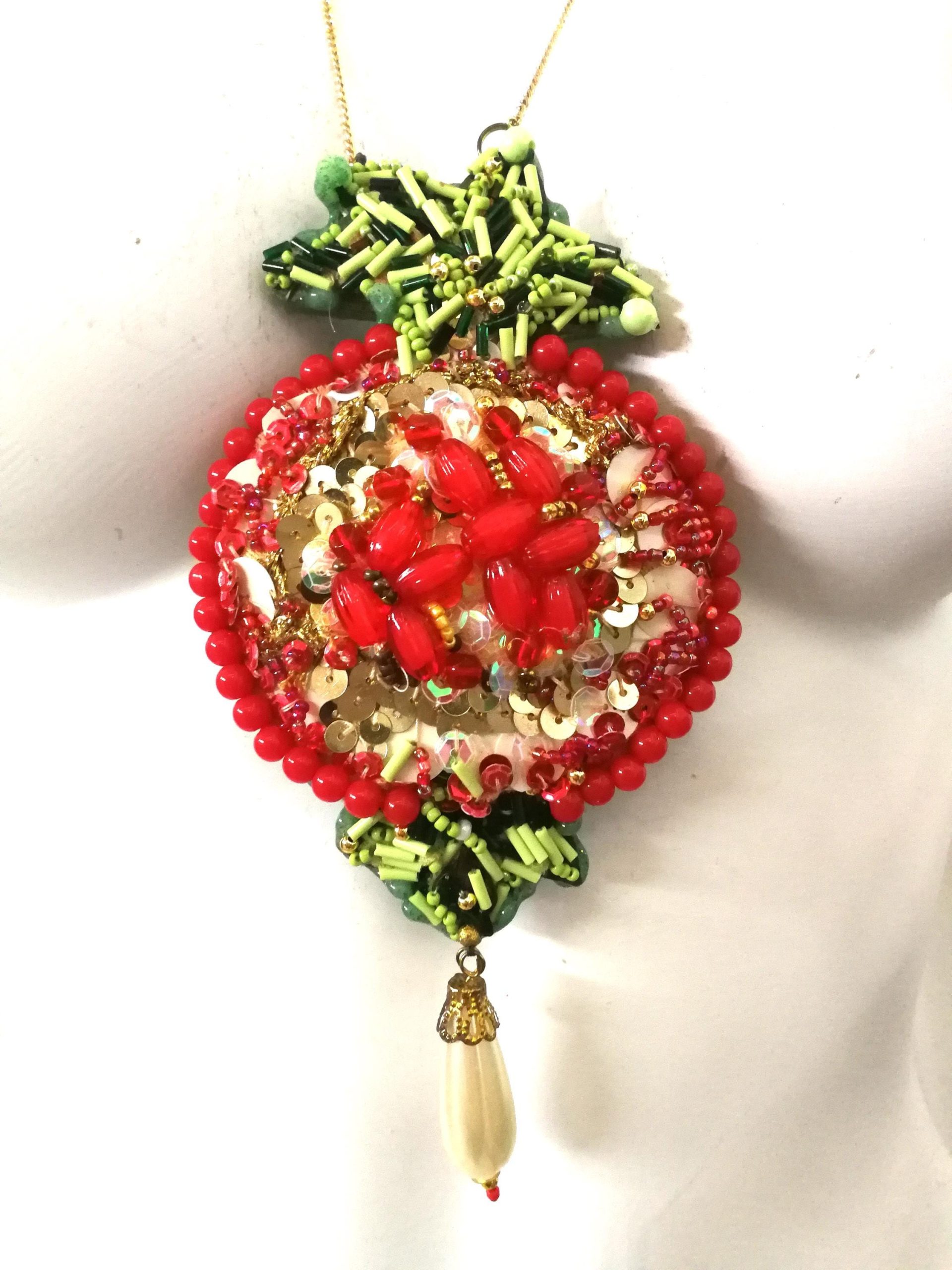 Passion Fruit Necklace, Hand Embroidered Jewelry, Luxury Pendant Pearl Charm, Chain Amulet Collar Jewelry