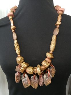 Beaded Necklaces, Boho Jewelry Earth Tone Bib, Chunky Handmade Stone Jewelry, Brutalist Pendant Charm