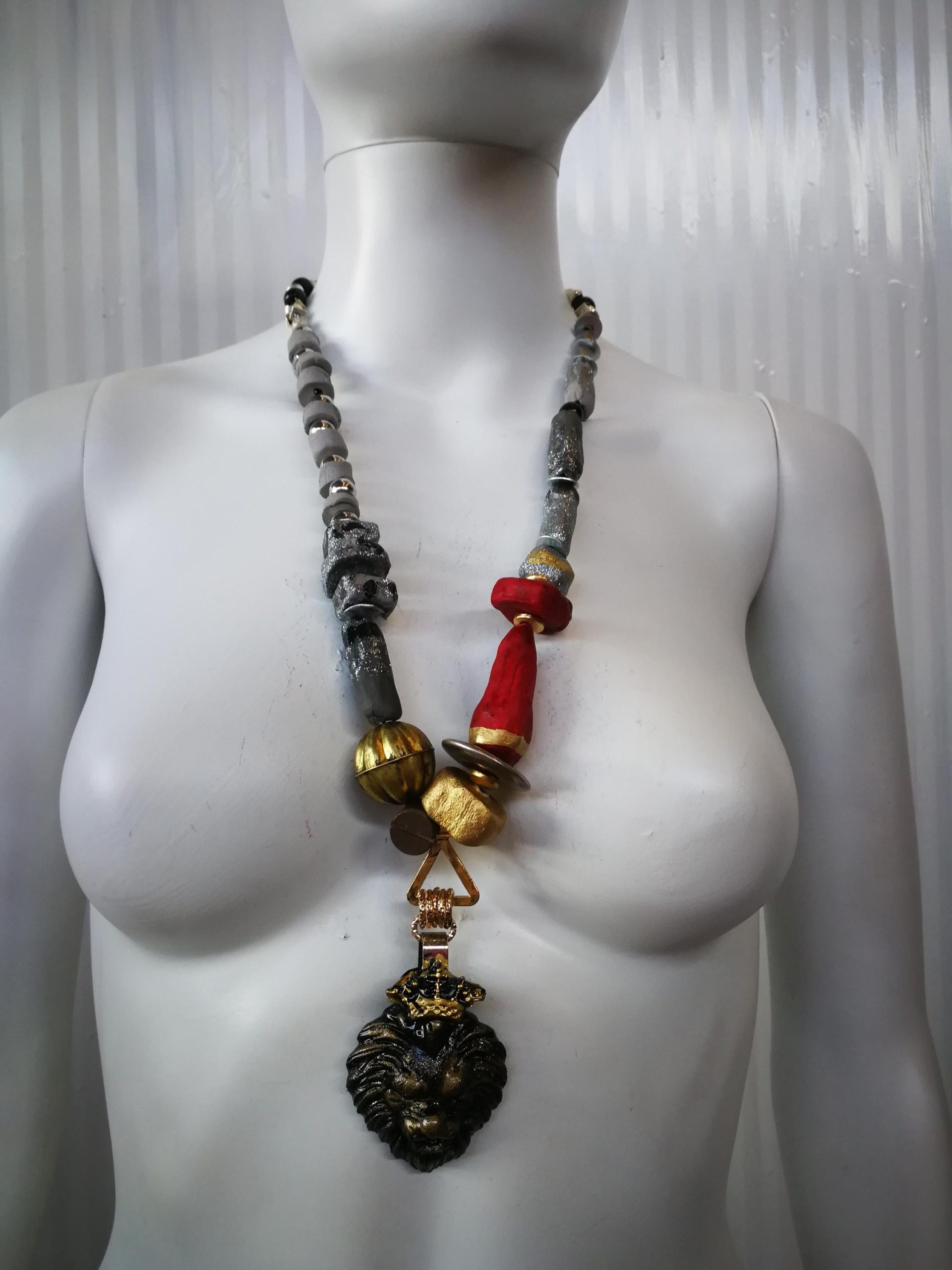 Lion Pendant, Designer Jewelry Sculptural Statement Big Bold Chunky Necklaces Golden Crown Wild Animal