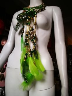 Metallic Emerald & Feathers Layers Statement Pendant, Avant Garde Sculpted Oversized Big Bold Chunky Necklaces