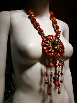 Red & Gold Sun Face Pendant Necklace, Beaded Dangles OOAK Wearable Art Statement Bold Jewelry
