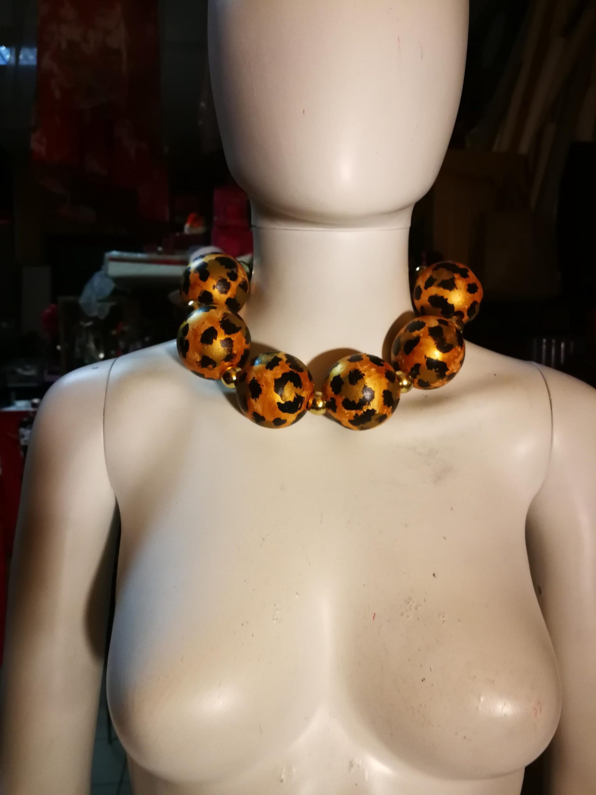Oversized Necklace Hand Painted Leopard Orb Beaded Statement OOAK Haute Couture Jewelry Sculptured Wild