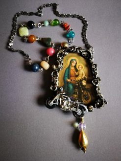 Holy Pop Jewelry, Ironic Vibes Religious Baroque Style, Orthodoxe Icon Necklace, Madonna with Child Motocycle Pendant