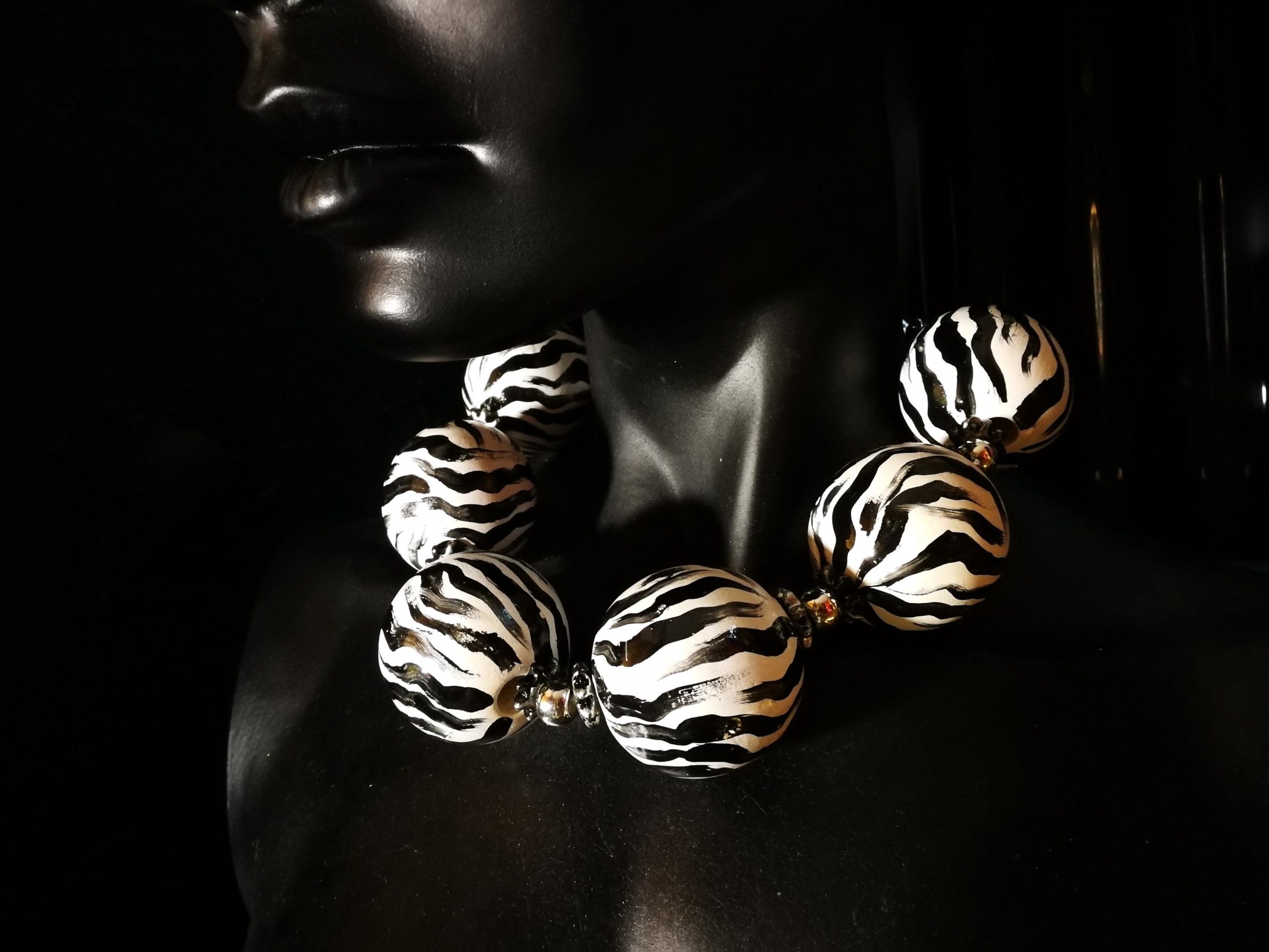 Oversize Beaded Necklace, Hand Painted Zebra Black & White Statement OOAK Couture Jewelry Sculptured Wild