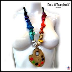 Artist Palette Pendant, Woman Painter Statement Jewelry, Beaded Handmade Sculpture Big Bold Chunky Necklace