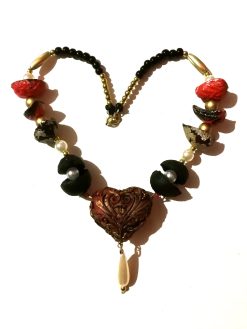 Sacred Heart, Burning Flame Ladies Jewel Chunky Natural Beaded Jewelry, Baroque Pendant Charm Collar