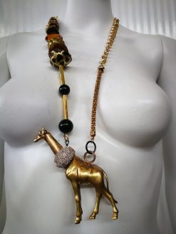 Designer Jewelry, Extravagant Pendant Animal, Giraffe Locket Statement Necklace Savana Wild Charm Beaded Chain