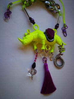Rhinoceros Necklace, Designer Jewelry, Extravagant Pendant Animal Rhino, Whimsical Charm Beaded Oddities Locket Bib