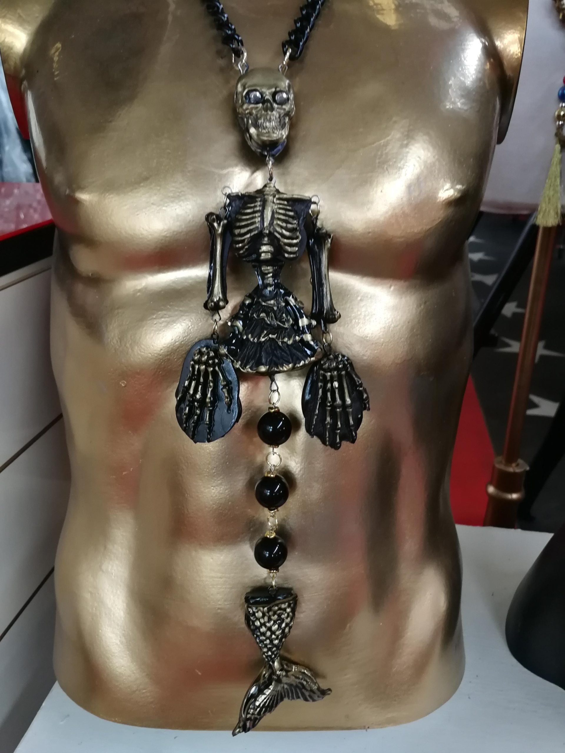 Macabre Jewelry Dark Necklace, Skull Skeleton Pendant, Gothic Punk Jewellery, Creepy Hauted Siren Mermaid
