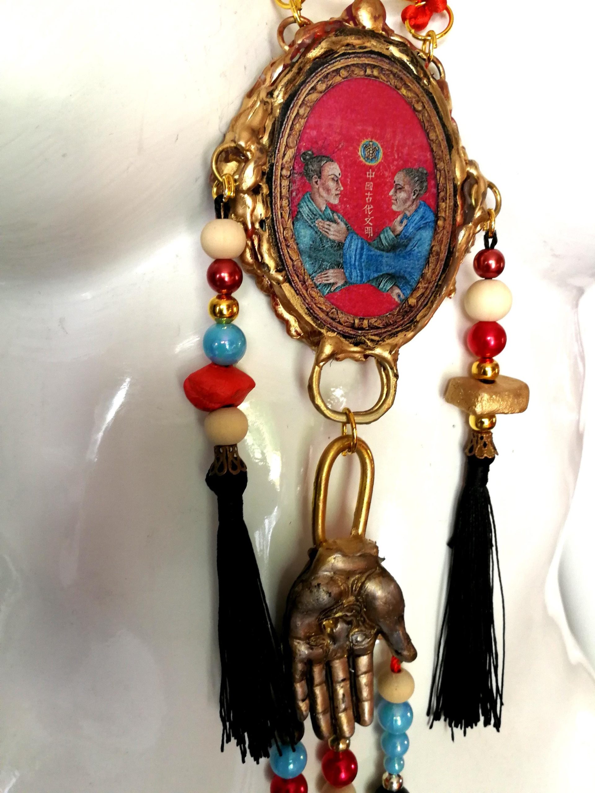 Buddha Jewelry, Statement Necklace Chunky Tribal Beaded Choker, Buddhist Pendant & Dragon Eye Sculptural Luxury