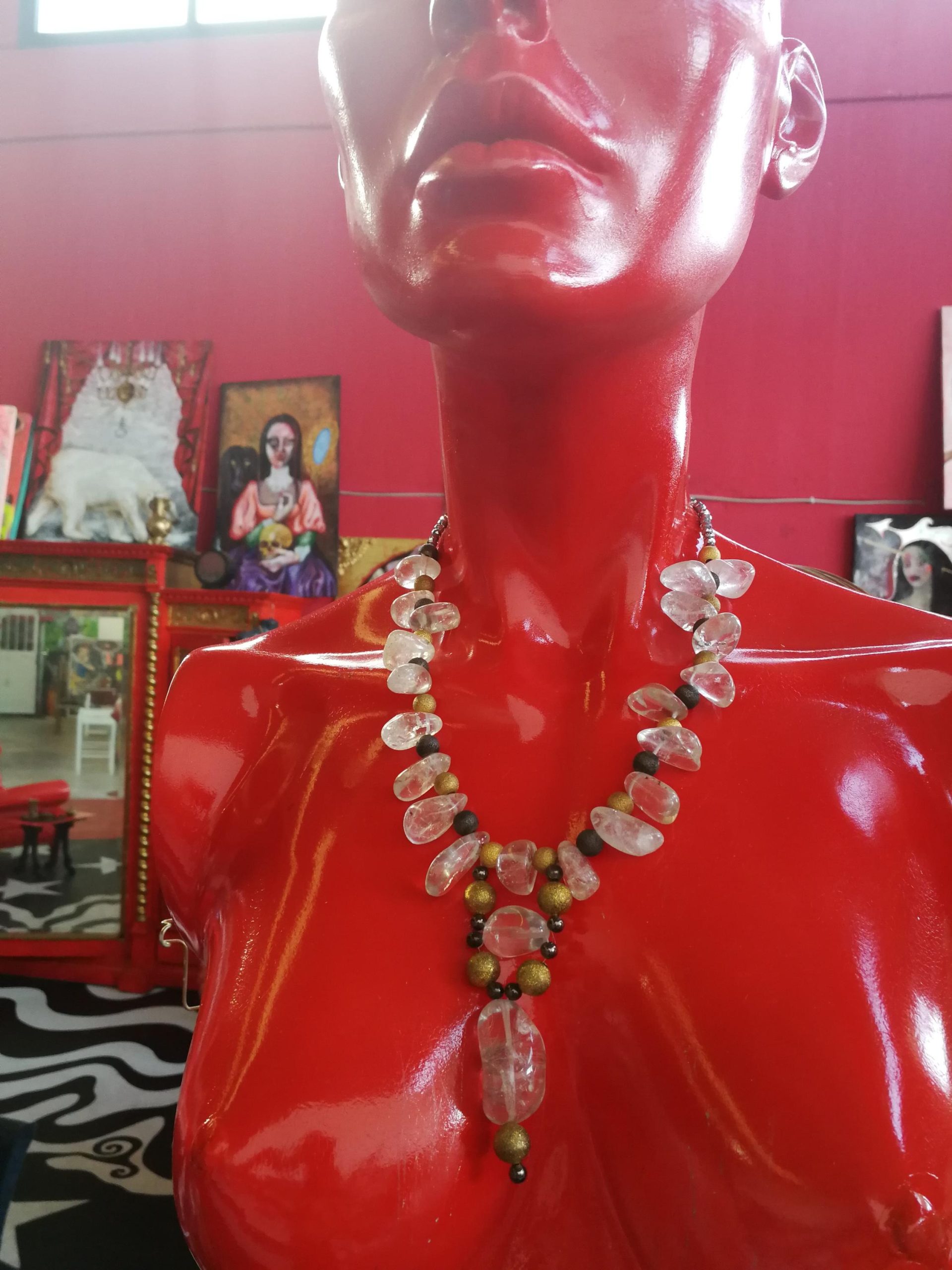 Quartz Necklace, Statement Chunky Jewelry, Clear Crystal Large Natural Stone, Gold Beaded Chain Designer