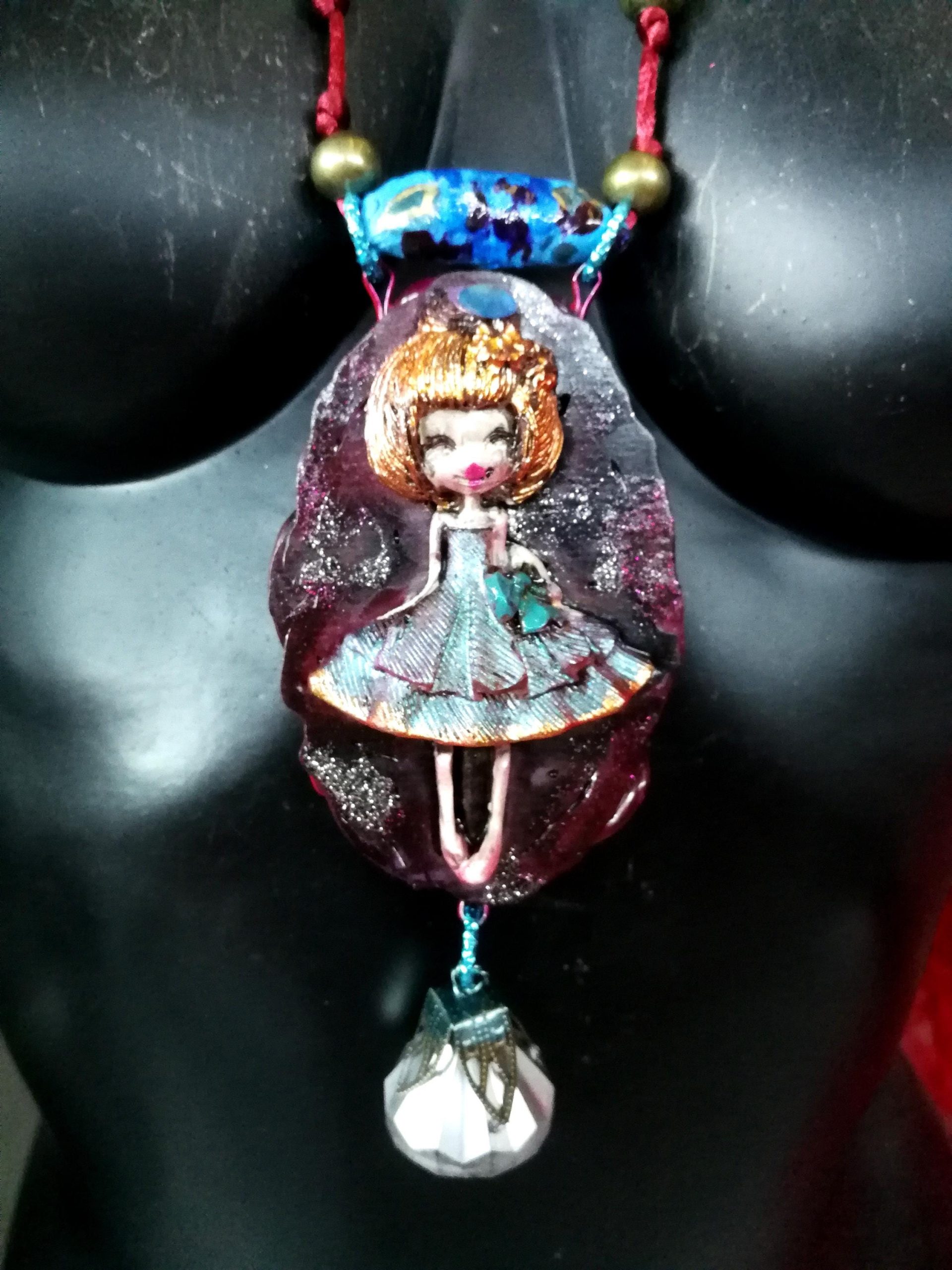 Polymer Clay Doll Pendant, Handmade Fantasy Beaded Necklace, Dolly Doom Collection OOAK Sculpture Necklace