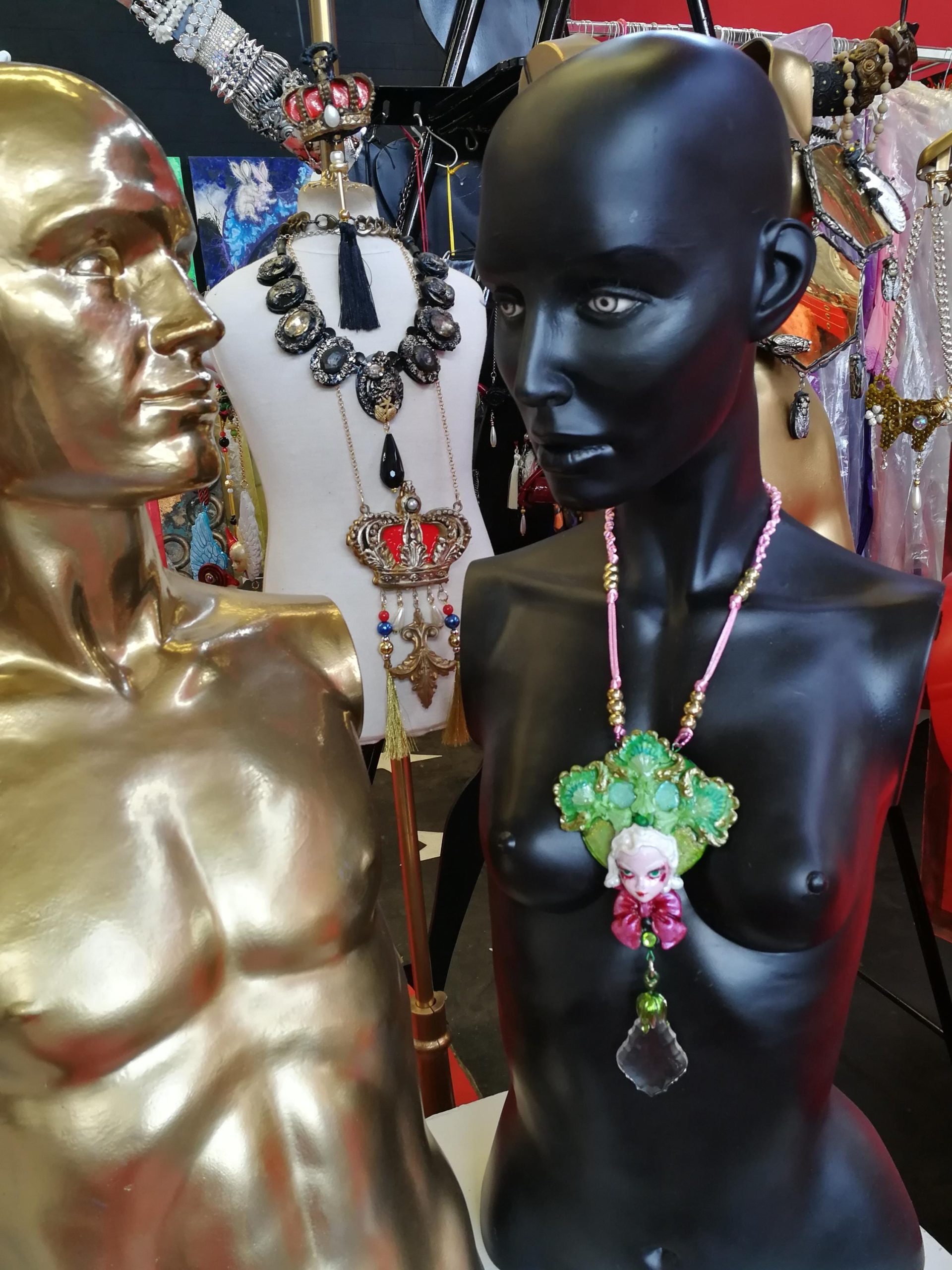 Statement Jewelry, Belle Epoque Sculpture Pendant, Four Leaf Clover Necklace Bib, Flower Crystal Charm