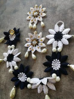 Bride Jewelry Set, Macrame Earrings Choker Embroidered, Pearl Wedding Accessories, Crochet Lace Flower Necklace