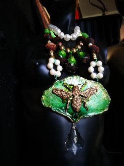 Fine Jewelry, Fan Leaf Bold Necklace, Chunky Pendant Art Nouveau Nature Pearl Crystal Charm