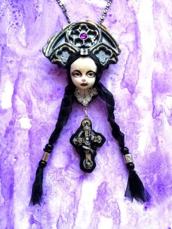Gothic Necklace, Doll Head Sculpture Pendant, Wednesday Addams Goth Jewel Charm, Fairy Tale Jewelry