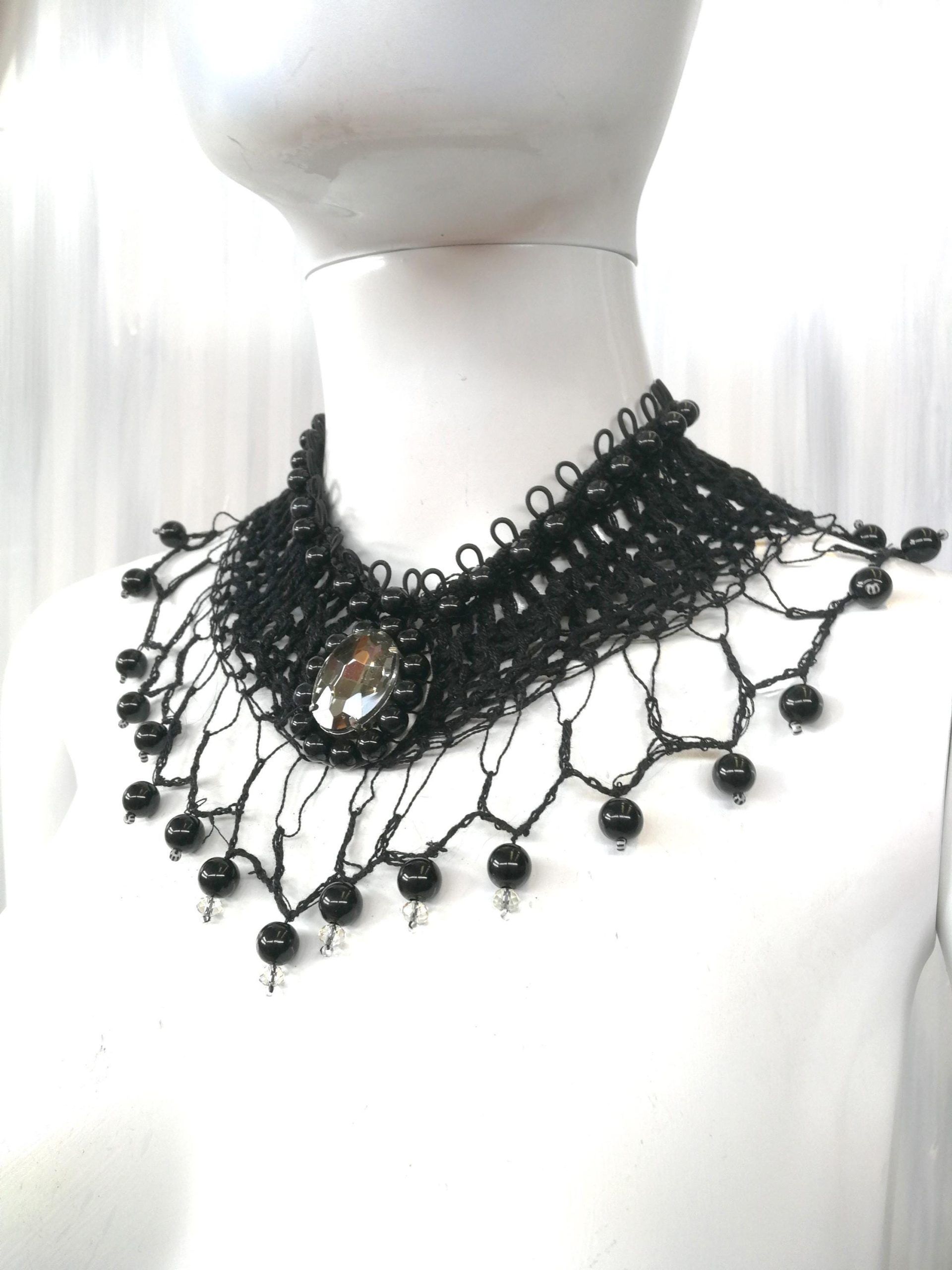 Marie Antoniette Choker, Embroidered Crochet Fine Lace Jewelry, Medallion Necklace Fetish Collar Statement Cameo