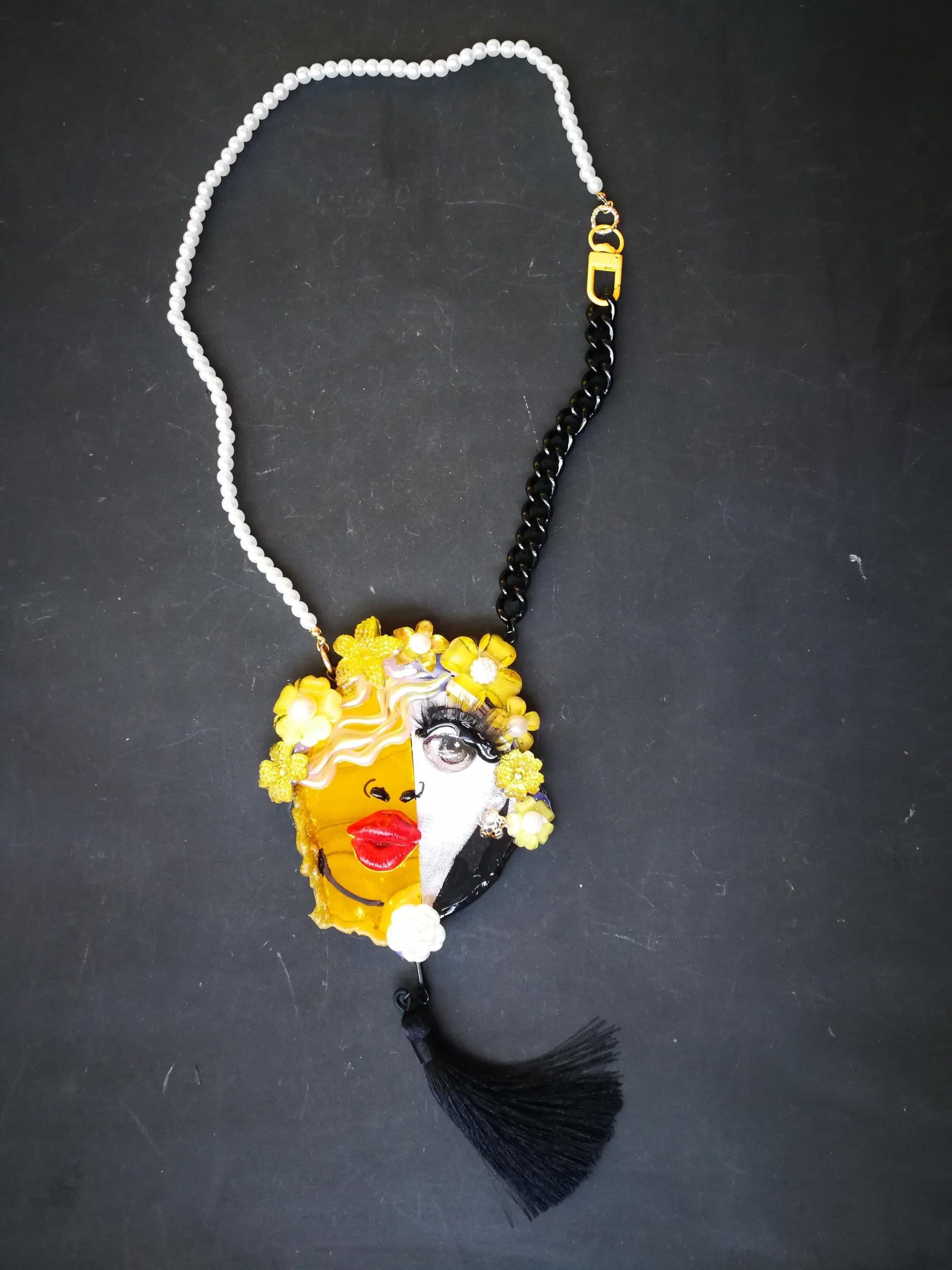 Happy Face Pendant, Brutalist Chunky Portrait, Mirror Eye Lips Pop Art Statement Jewelry Charm