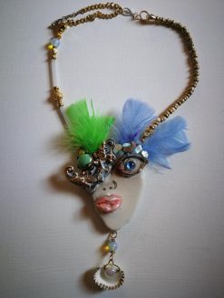 Lady Face Necklace, Belle Epoque Charleston Gasby Pendant Chunky Portrait, Amazzonite & Shell Jewelry Charm