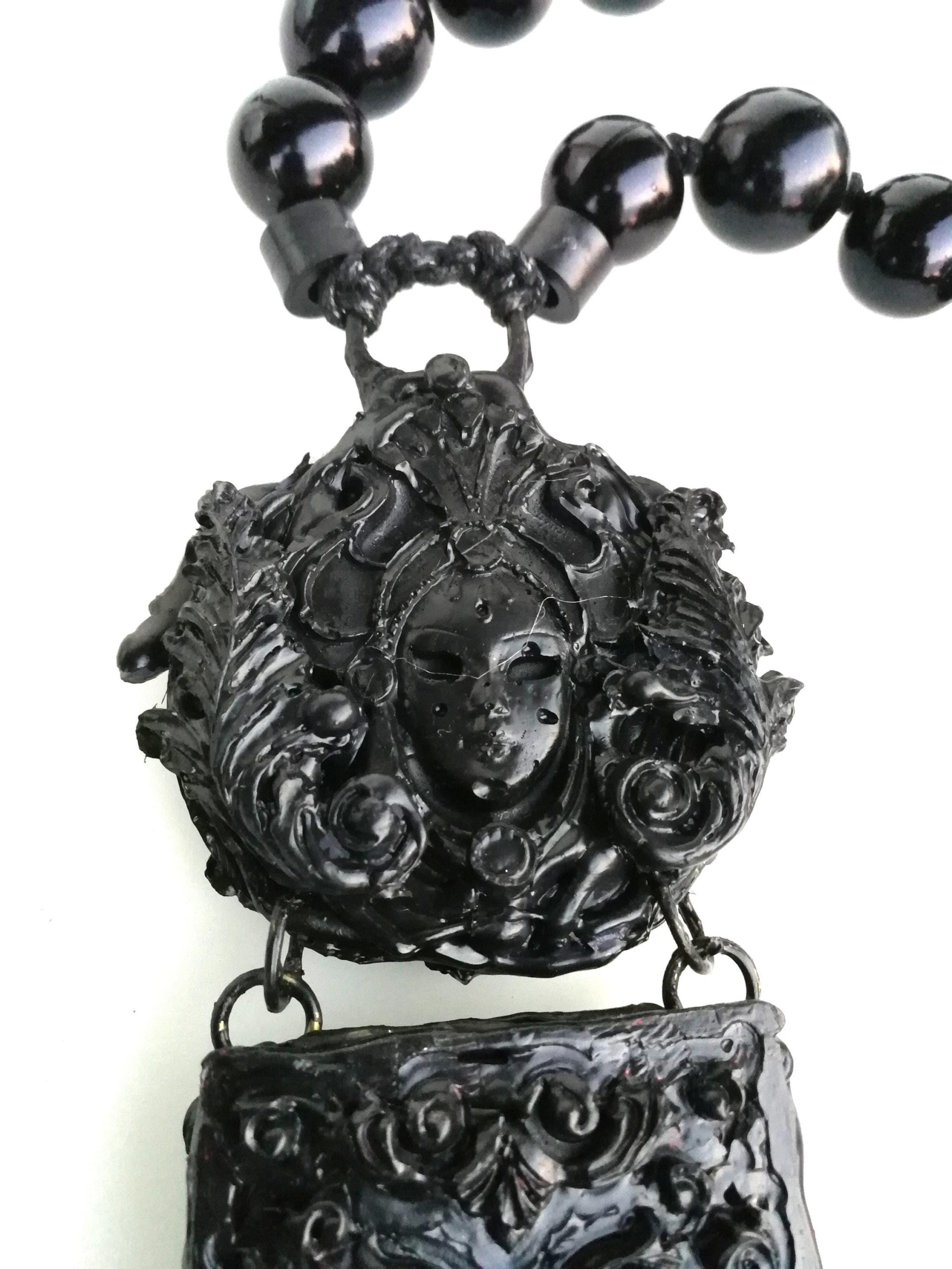 Black Mirror Necklace, Dark Academia Jewelry, Goth Jewel Antique Style, Victorian Gothic Witch Pendant