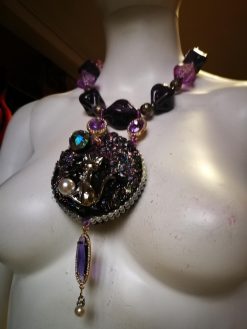 Rough Amethyst Statement Necklace Rhinestone Ball Accents Cat & Moon Chunky Pendant Design Beaded Jewelry