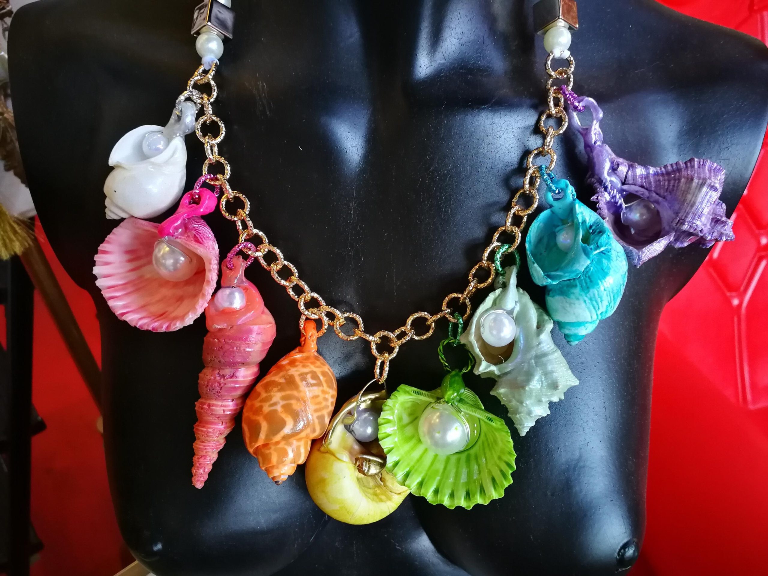 Puka Shell Necklace, Maximalist Design Handmade Painted Natural Seashell Conch Jewelry Rainbow Abalone Multicolored