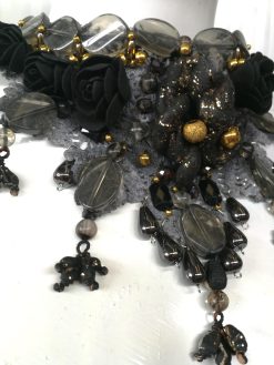 Marie Antoniette Choker, Embroidered Macrame Lace Jewelry, Locket Medallion Statement Necklace Collar Black Roses