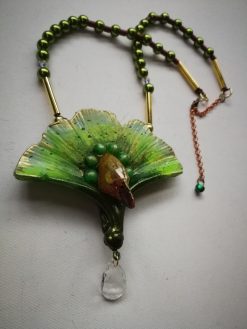 Eagle Bird Necklace, Art Deco Chunky Pendant, Statement Fan Leaf Nature Jewelry Crystal Charm