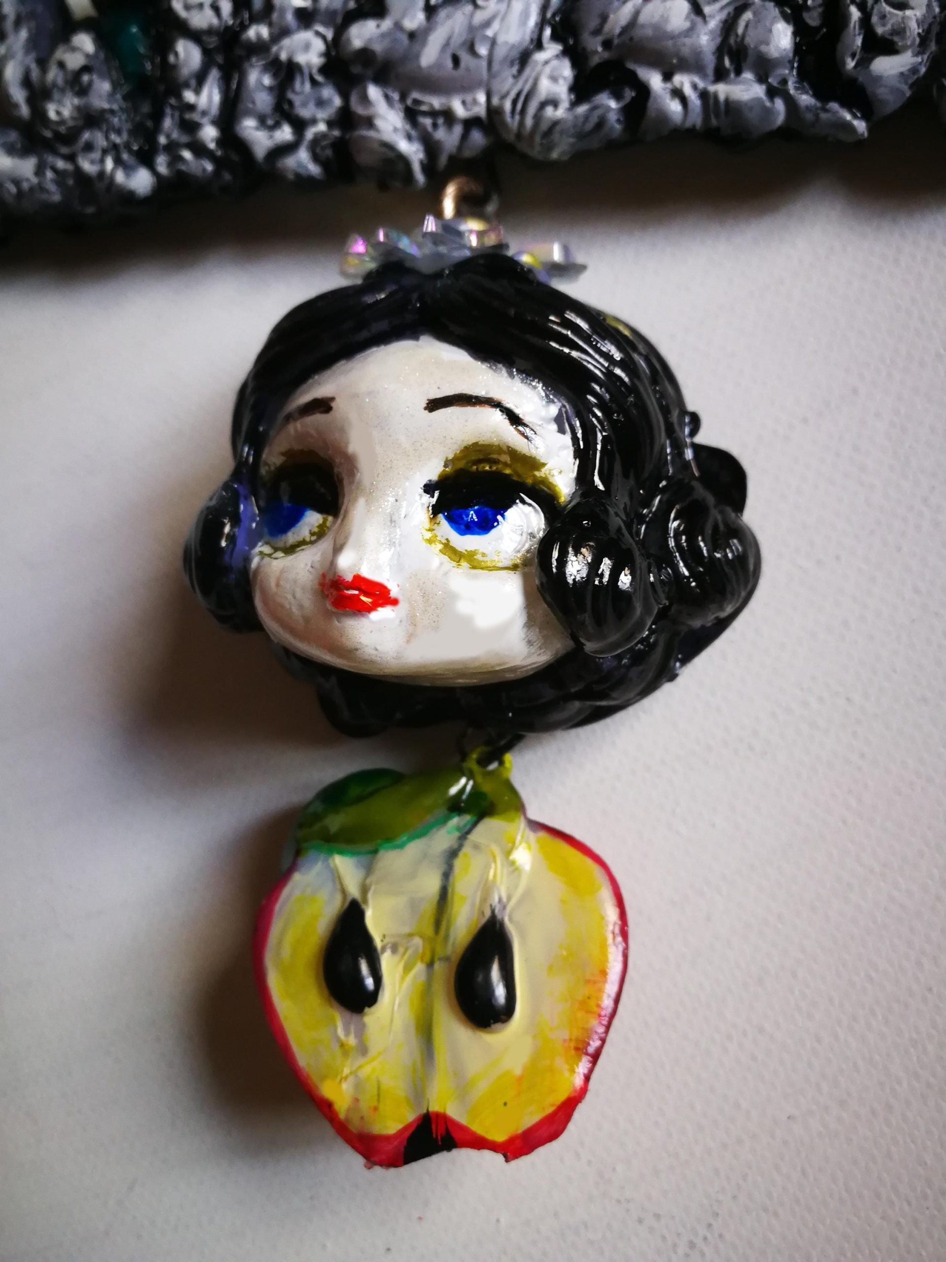 Whimsical Jewelry, Snow White & the Seven Dwarfs Necklace Manga Doll Fantasy Pendant Cartoonish Apple Charm