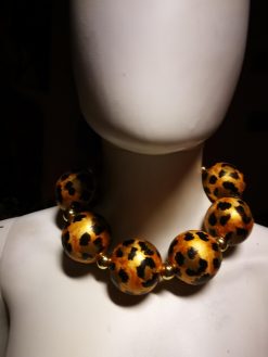 Oversized Necklace Hand Painted Leopard Orb Beaded Statement OOAK Haute Couture Jewelry Sculptured Wild