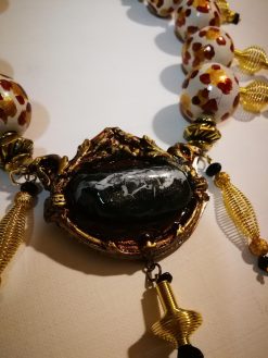 Haute Couture Necklace, Onyx Leopard Tibetan Brass Beaded Chest OOAK Luxury Statement Sculptural Jewelry