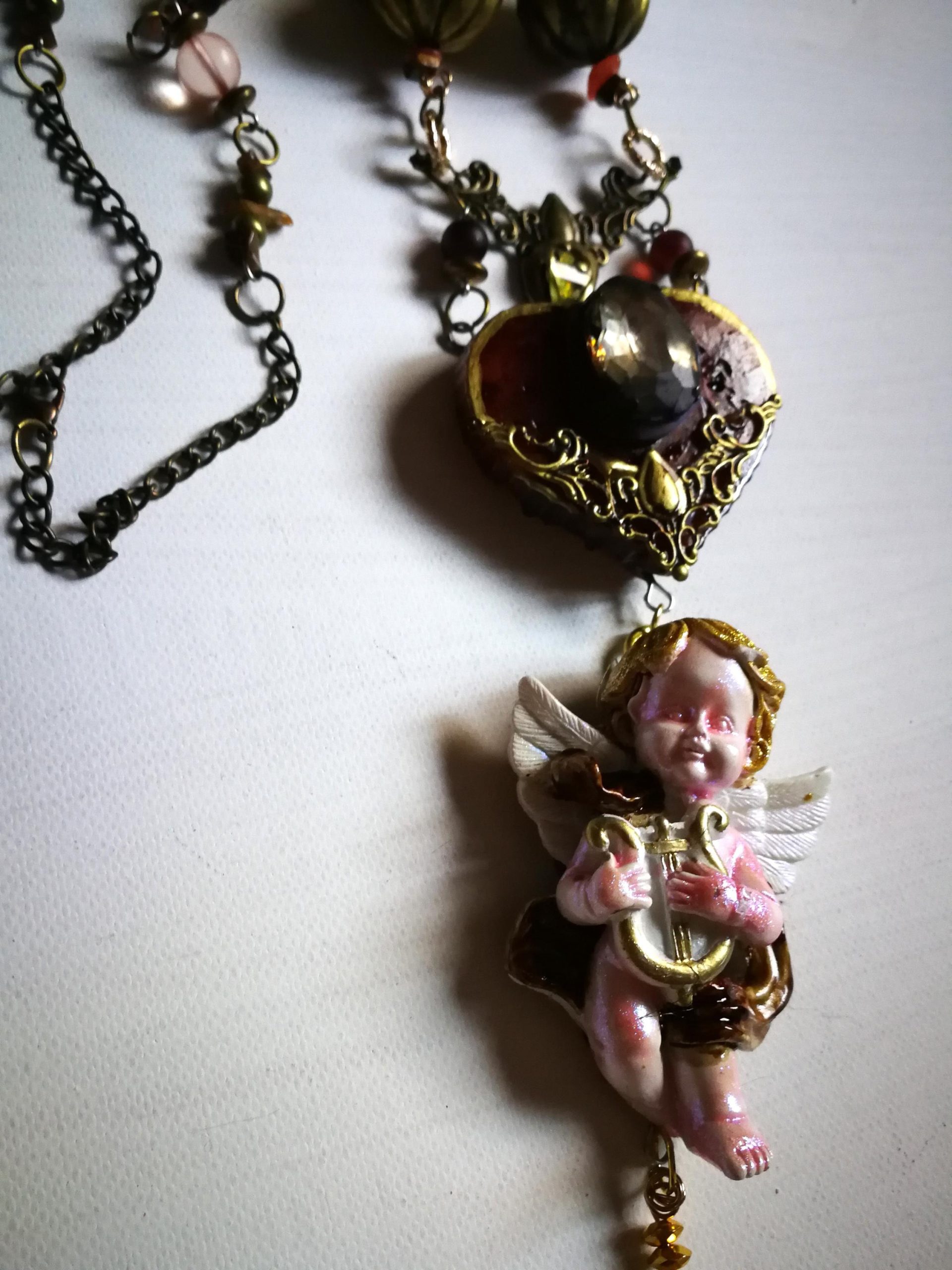 Vintage Jewelry Baroque Jewellery, Music Making Angel Winged Archangel Pendant, Rococo Necklace Antique Cherubim