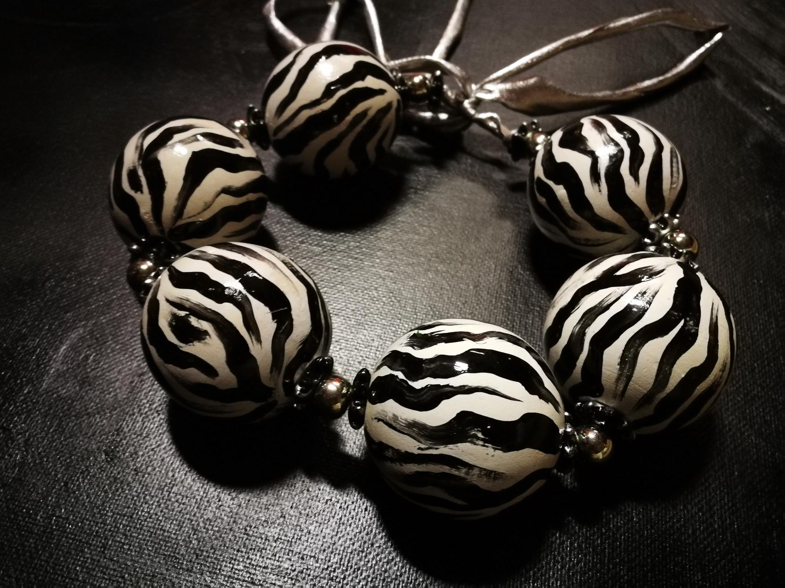 Oversize Beaded Necklace, Hand Painted Zebra Black & White Statement OOAK Couture Jewelry Sculptured Wild
