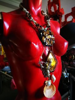 Lobster Jewelry, Statement Choker Necklace, Jasper Raw Stone Gold Mirror Pendant Shell & Pearl Charm