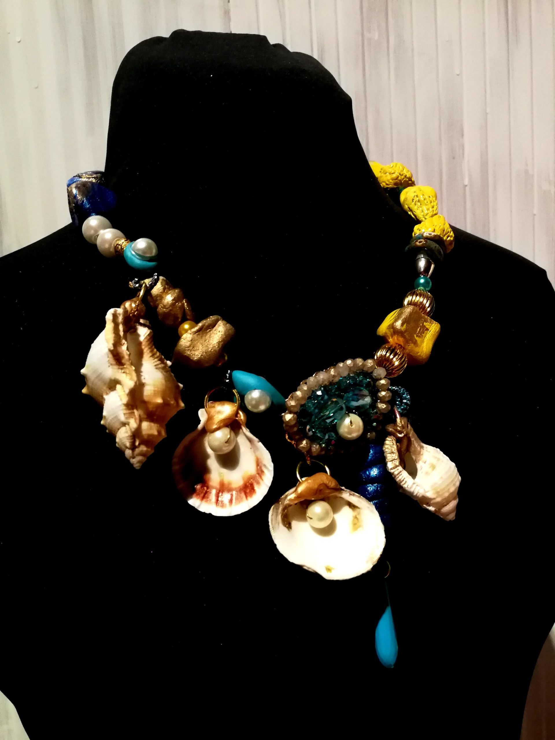 Puka Shell Necklace, Maximalist Design Luxury Statement Charm, Natural Seashell Conch Abalone & Ceramic Jewelry