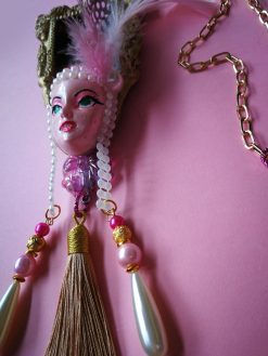 Pink Flamingo Jewelry, Exotic Bird Pendant, Doll Head Sculpture, Baroque Charm Necklace Feather & Tassel