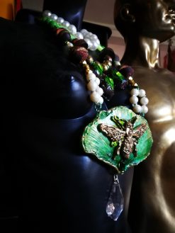 Fine Jewelry, Fan Leaf Bold Necklace, Chunky Pendant Art Nouveau Nature Pearl Crystal Charm