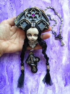 Gothic Necklace, Doll Head Sculpture Pendant, Wednesday Addams Goth Jewel Charm, Fairy Tale Jewelry