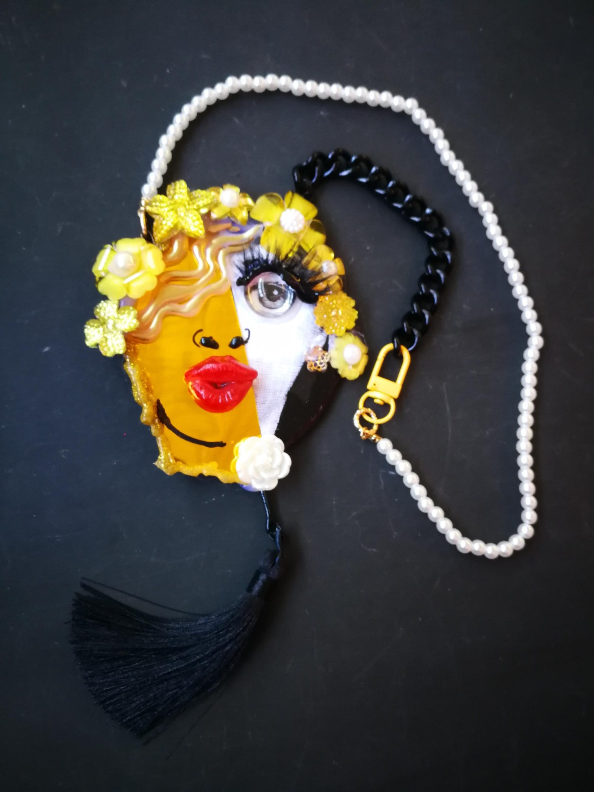 Happy Face Pendant, Brutalist Chunky Portrait, Mirror Eye Lips Pop Art Statement Jewelry Charm