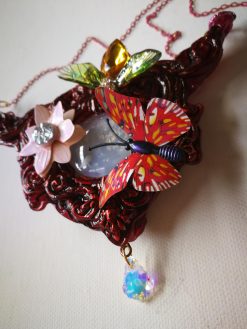 Bumble Bee Necklace Queen, Sculpted Luxury Jewelry Statement Bezel Pendant, Insect Charm Butterfly Flower