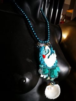 Swan Necklace, Statement Charm Pendant, Seashell Fine Jewelry Sculpture Luxury Turquoise Pearl & Raw Stone