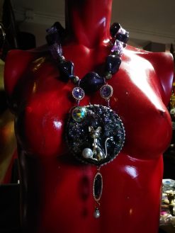 Rough Amethyst Statement Necklace Rhinestone Ball Accents Cat & Moon Chunky Pendant Design Beaded Jewelry
