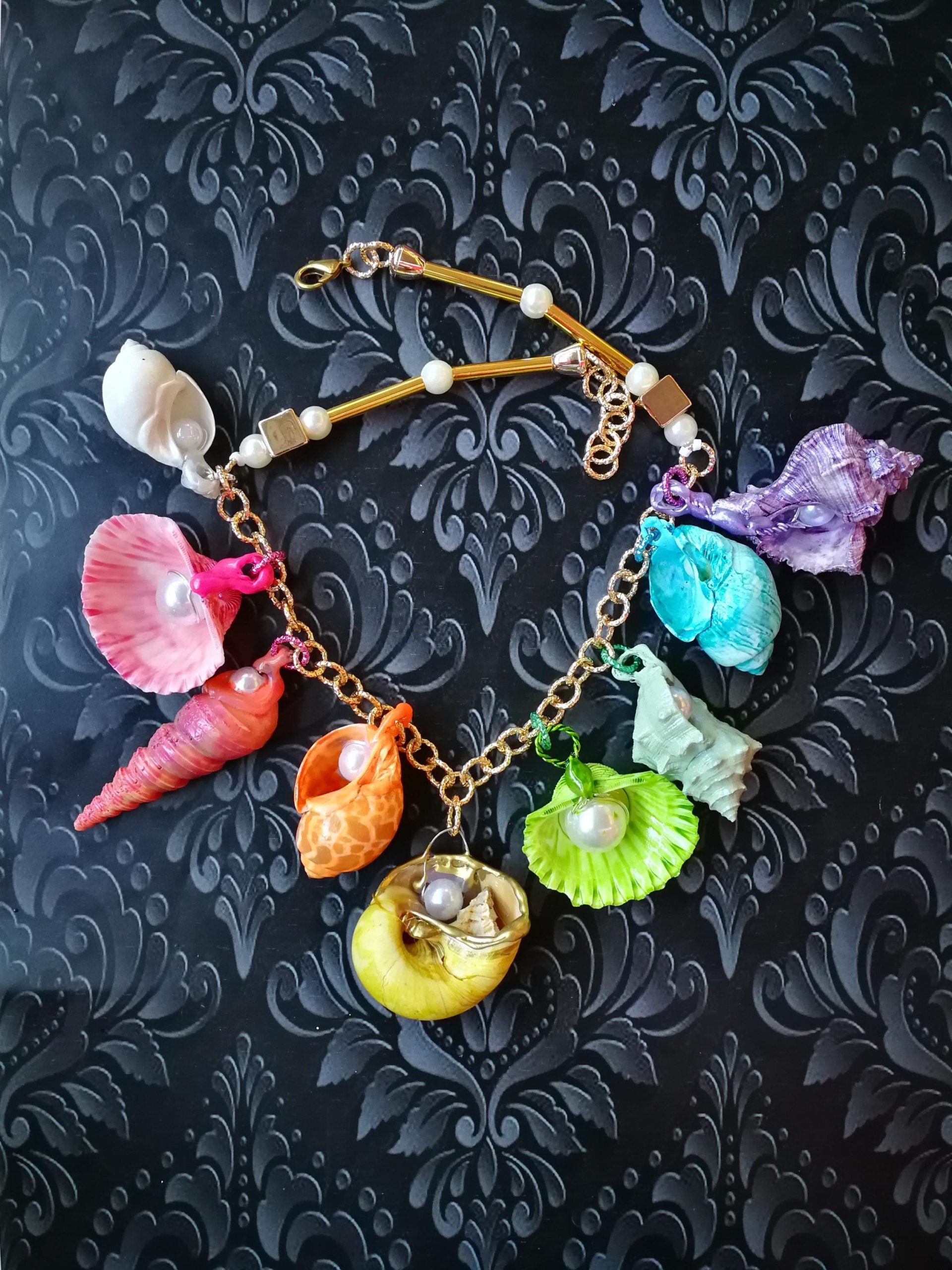 Puka Shell Necklace, Maximalist Design Handmade Painted Natural Seashell Conch Jewelry Rainbow Abalone Multicolored