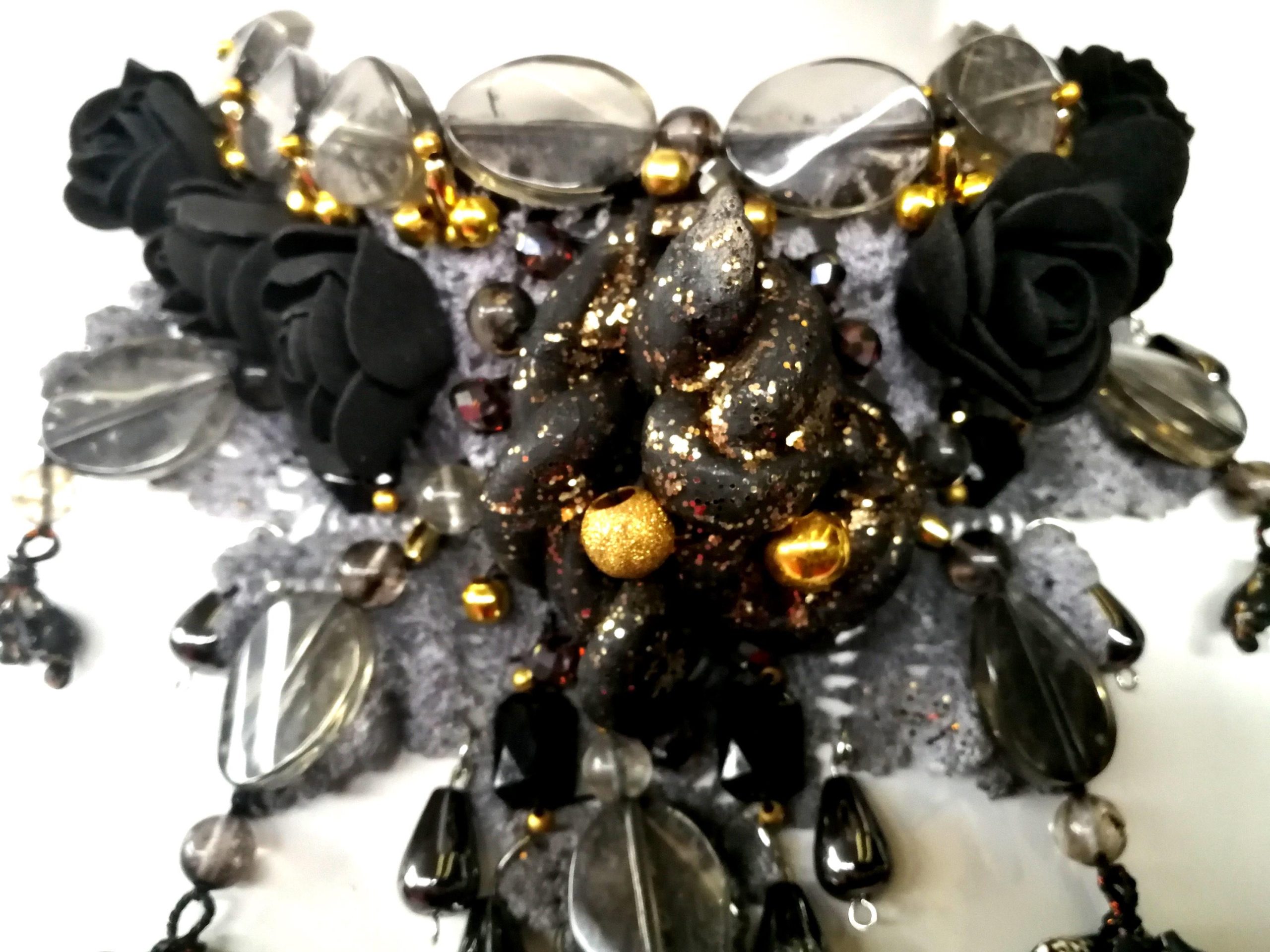 Marie Antoniette Choker, Embroidered Macrame Lace Jewelry, Locket Medallion Statement Necklace Collar Black Roses