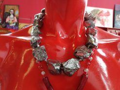 Brutalist Necklace, Chunky Snake Sculptural Pendant, Serpent Statement Jewelry Stone Beaded Chain Pyrite Gemstone