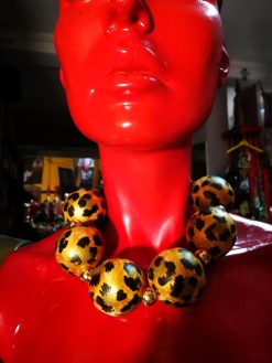 Oversized Necklace Hand Painted Leopard Orb Beaded Statement OOAK Haute Couture Jewelry Sculptured Wild