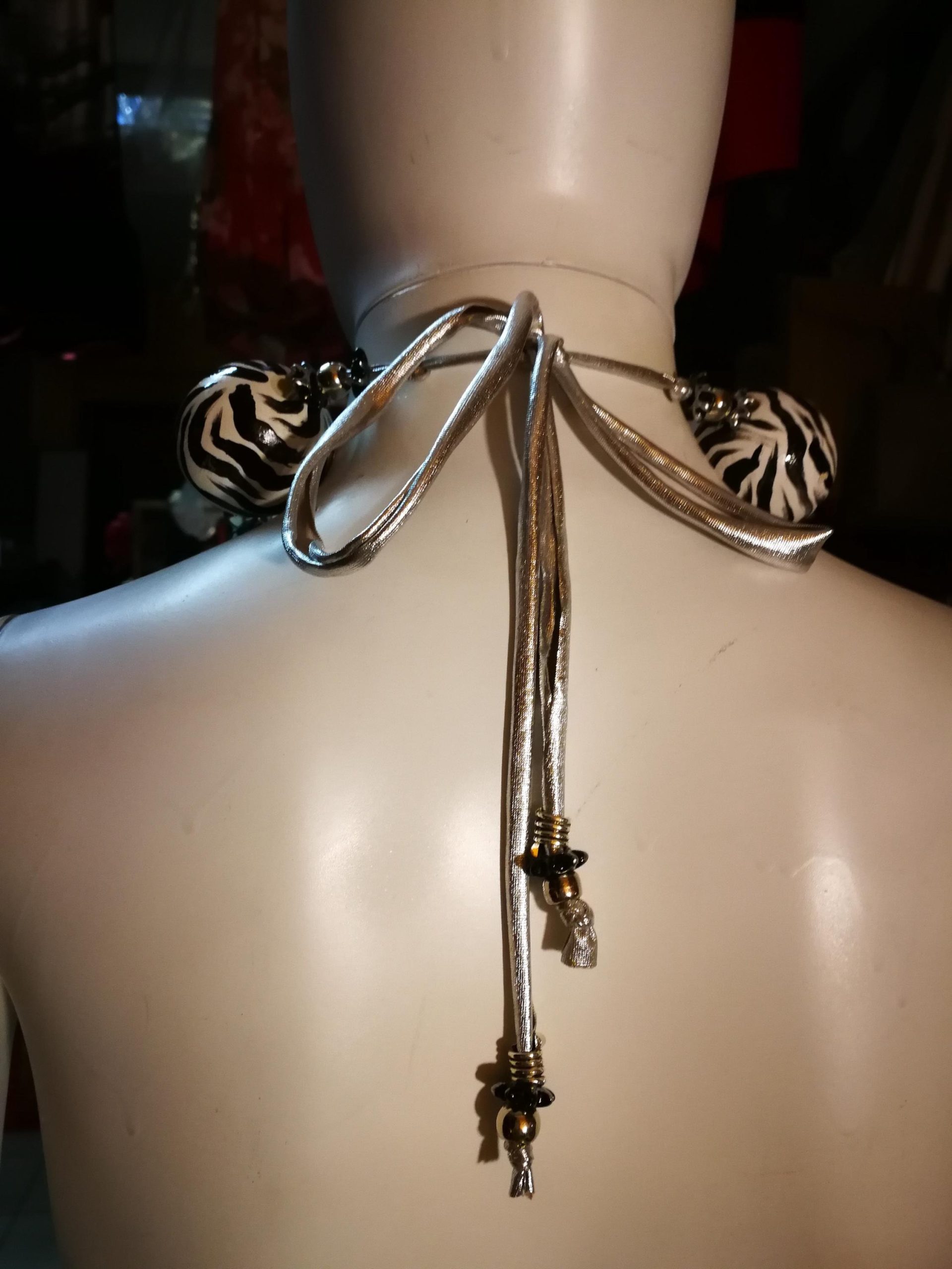 Oversize Beaded Necklace, Hand Painted Zebra Black & White Statement OOAK Couture Jewelry Sculptured Wild