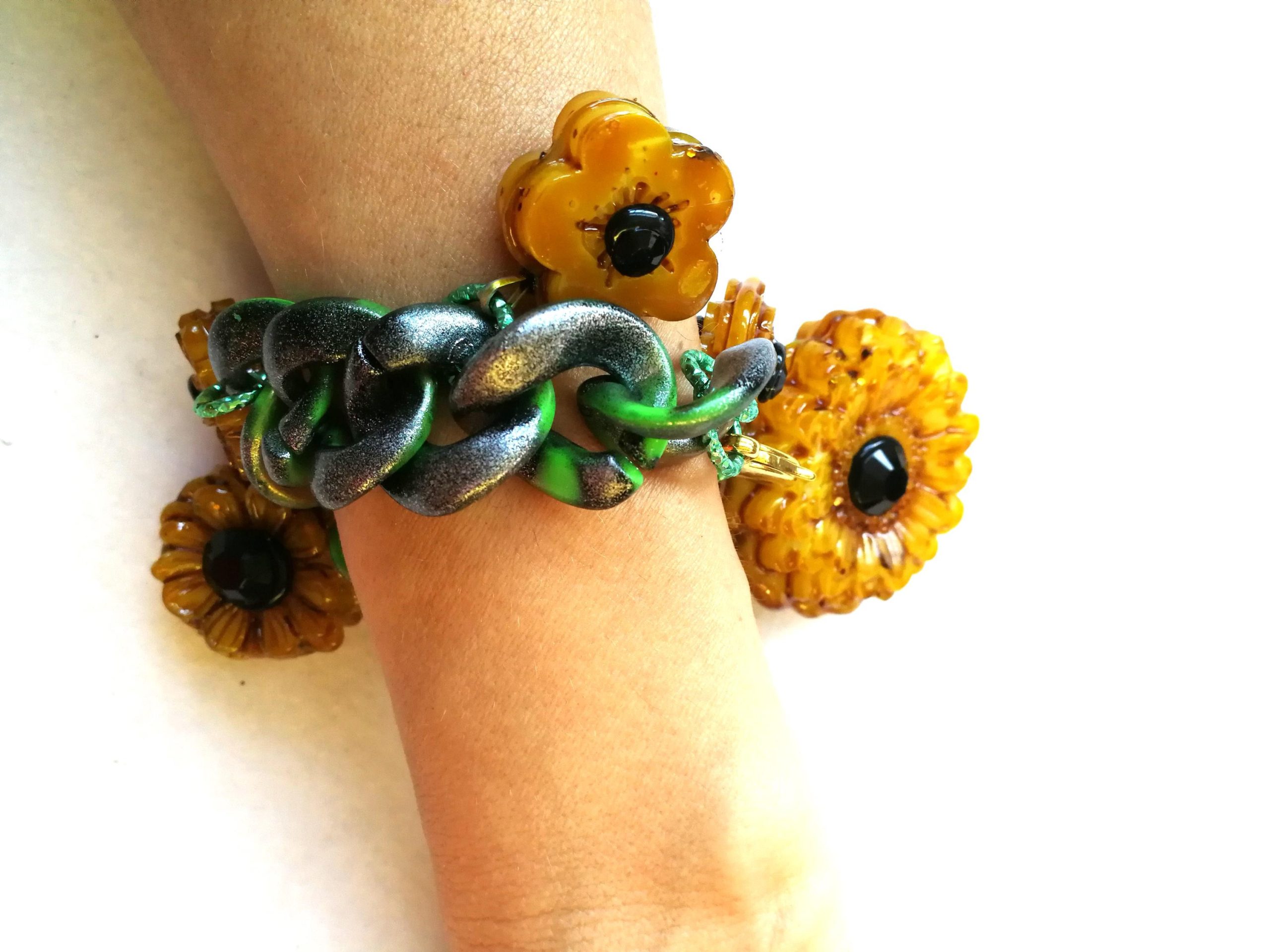 Sunflower Necklace and Bracelet Daisy Pendant, Floral Suit Set Jewelry, Sun Flower Brutalist Modernist